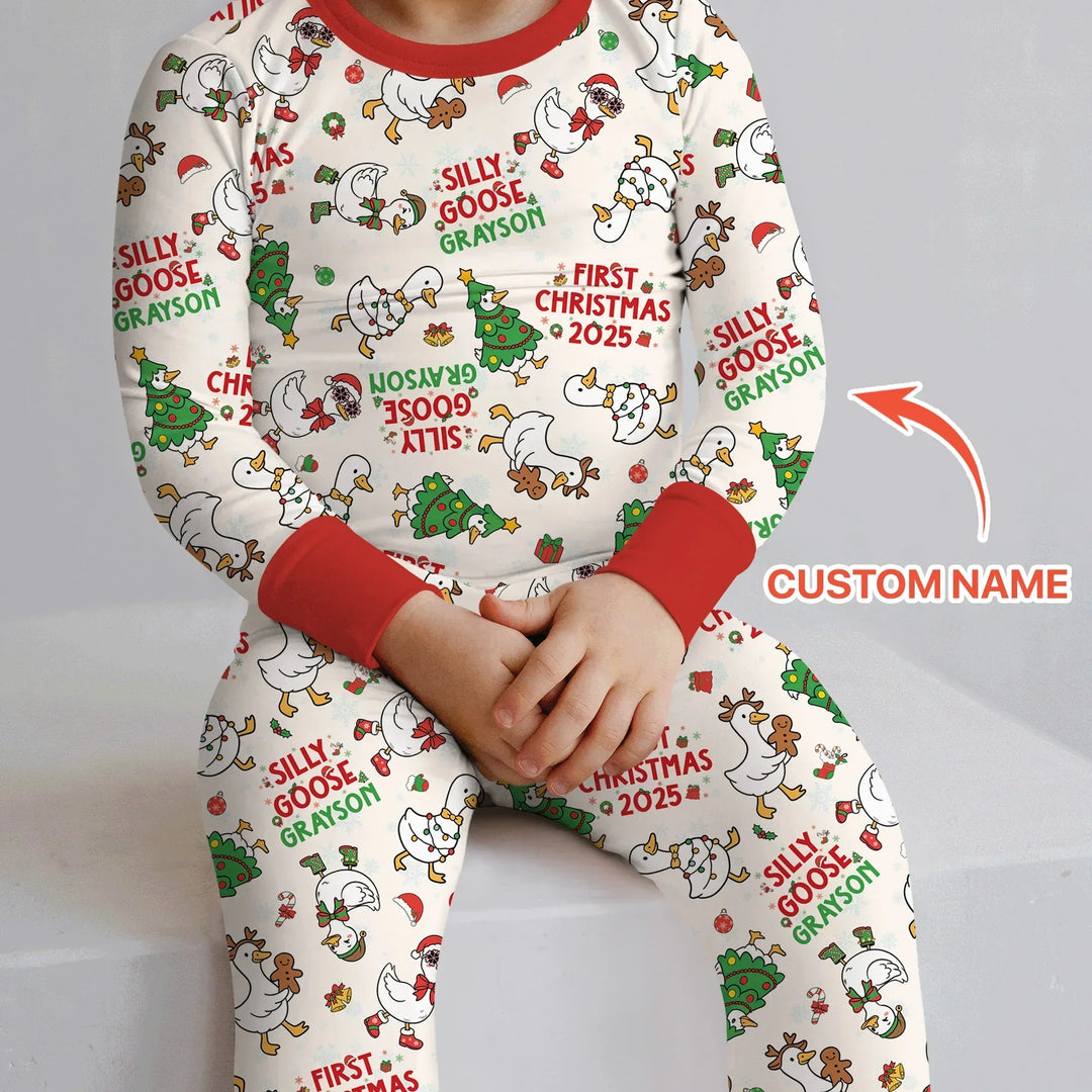 Custom Name "Silly Goose" Two Piece Long Sleeve Pajama Set (Red) , Custom Name "Silly Goose" Two Piece Long Sleeve Pajama Set (Red) - 12-18M