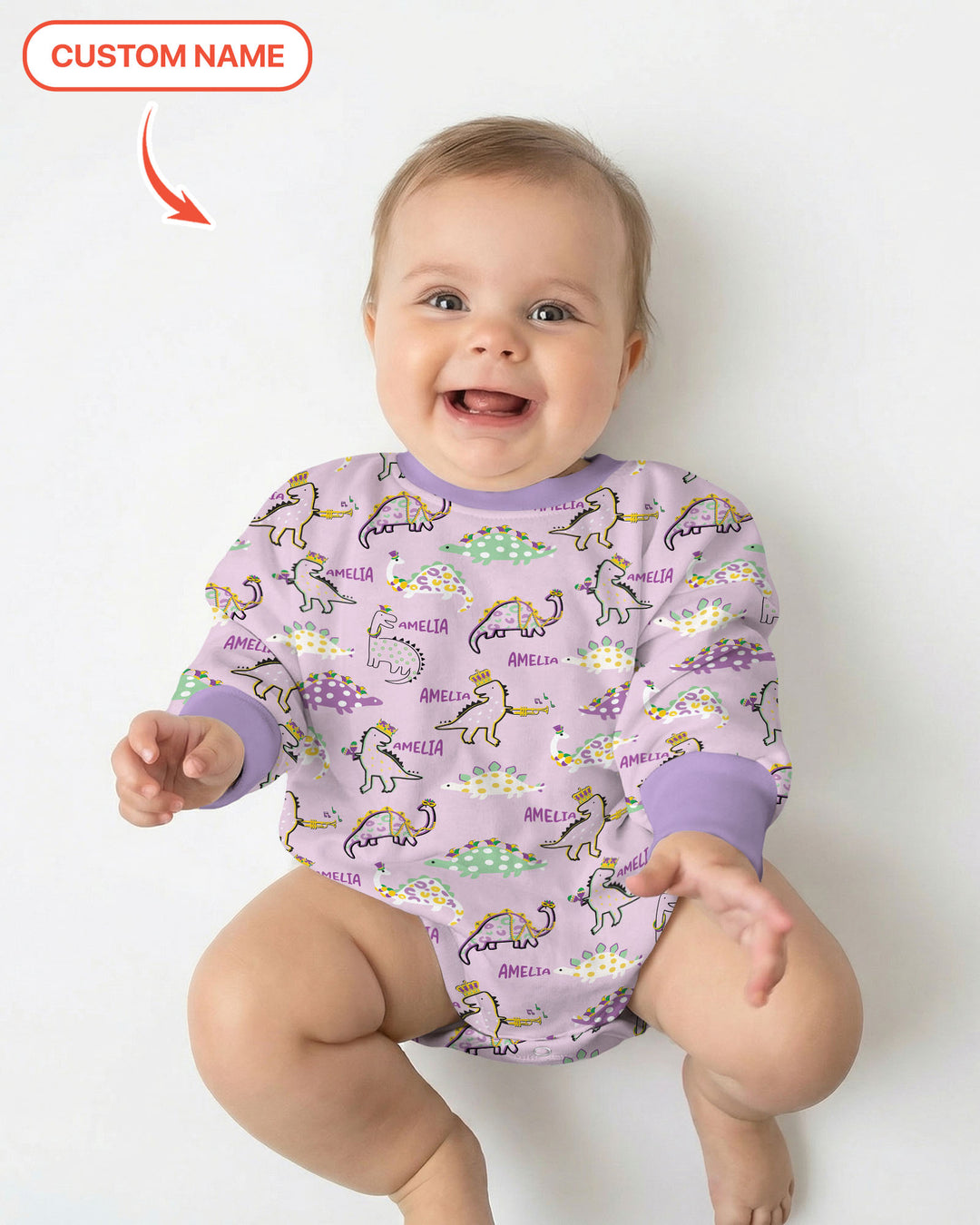 Custom Name Mardi Gras Saurus Bubble Romper