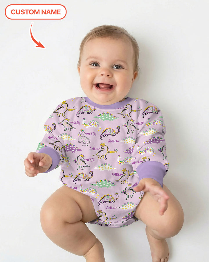 Custom Name Mardi Gras Saurus Bubble Romper