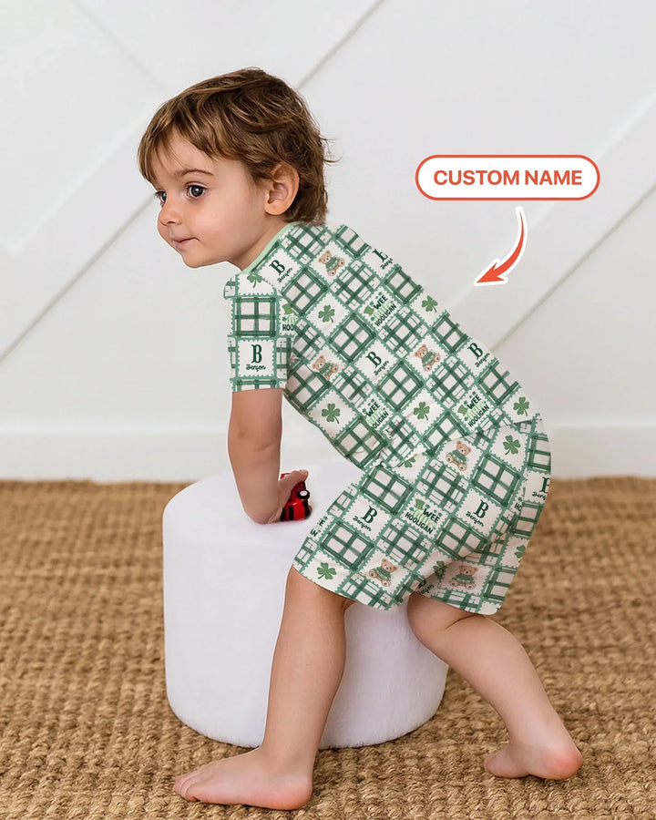 Custom Name Teddy Bear Gingham St. Patrick's Day Two Piece Short Sleeve Shorts Pajama Set
