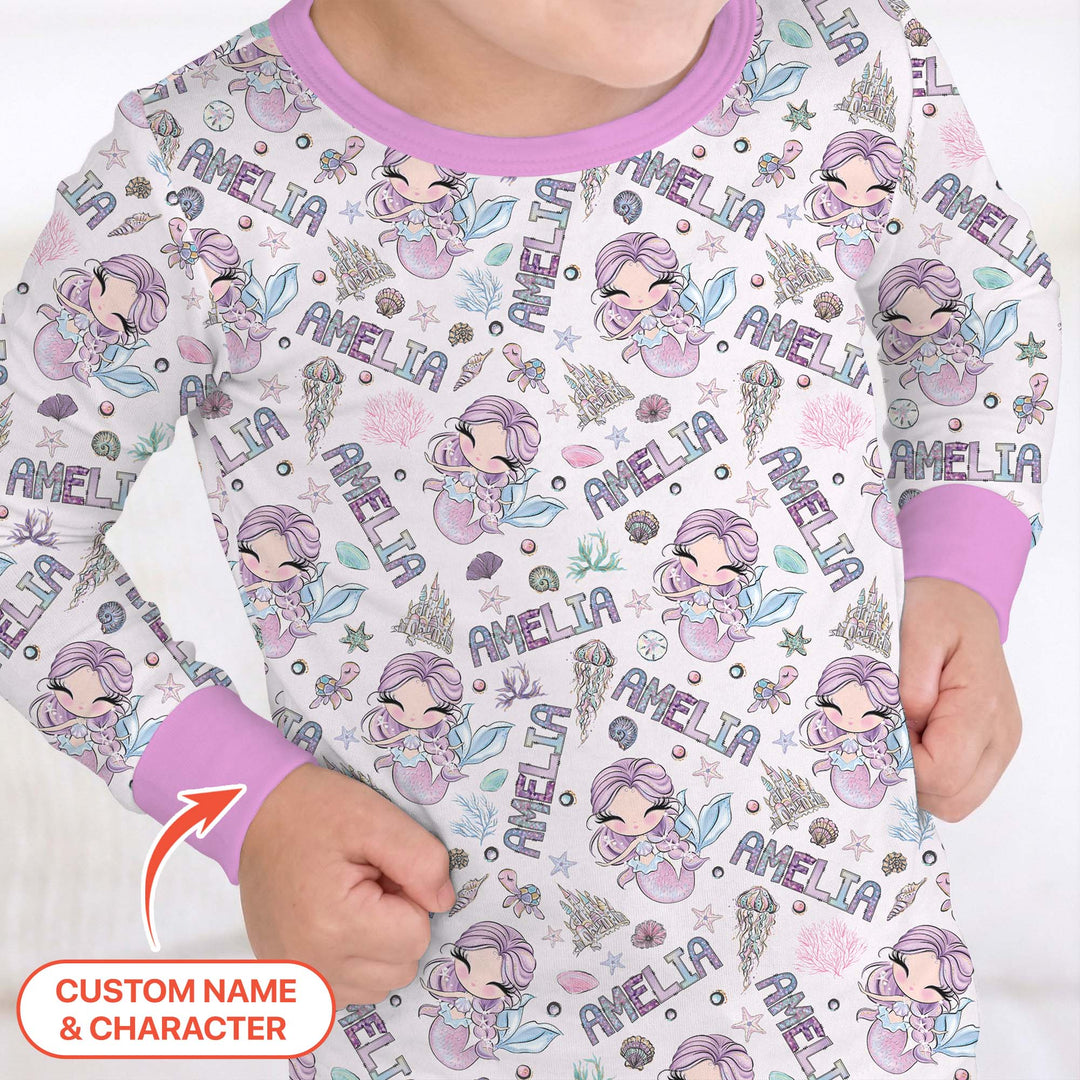 Custom Name Doodle Little Mermaid Two Piece Long Sleeve Pajama Set