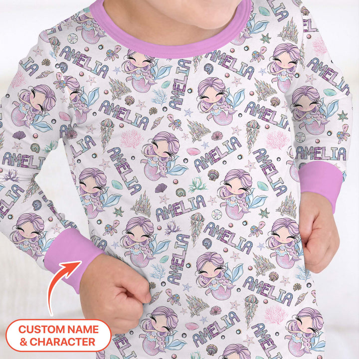 Custom Name Doodle Little Mermaid Two Piece Long Sleeve Pajama Set