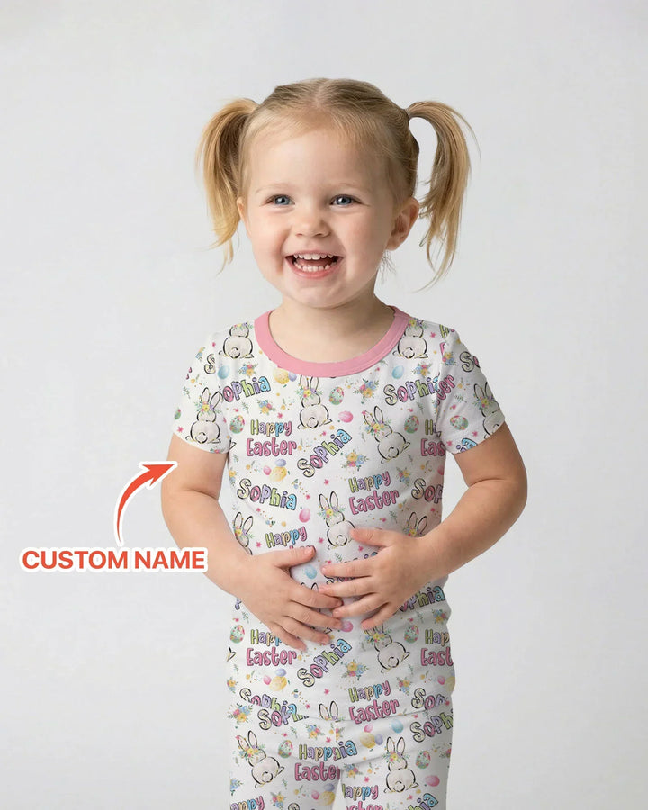 Personalized Happy Easter Bunny Two Piece Short Sleeve Pajama Set