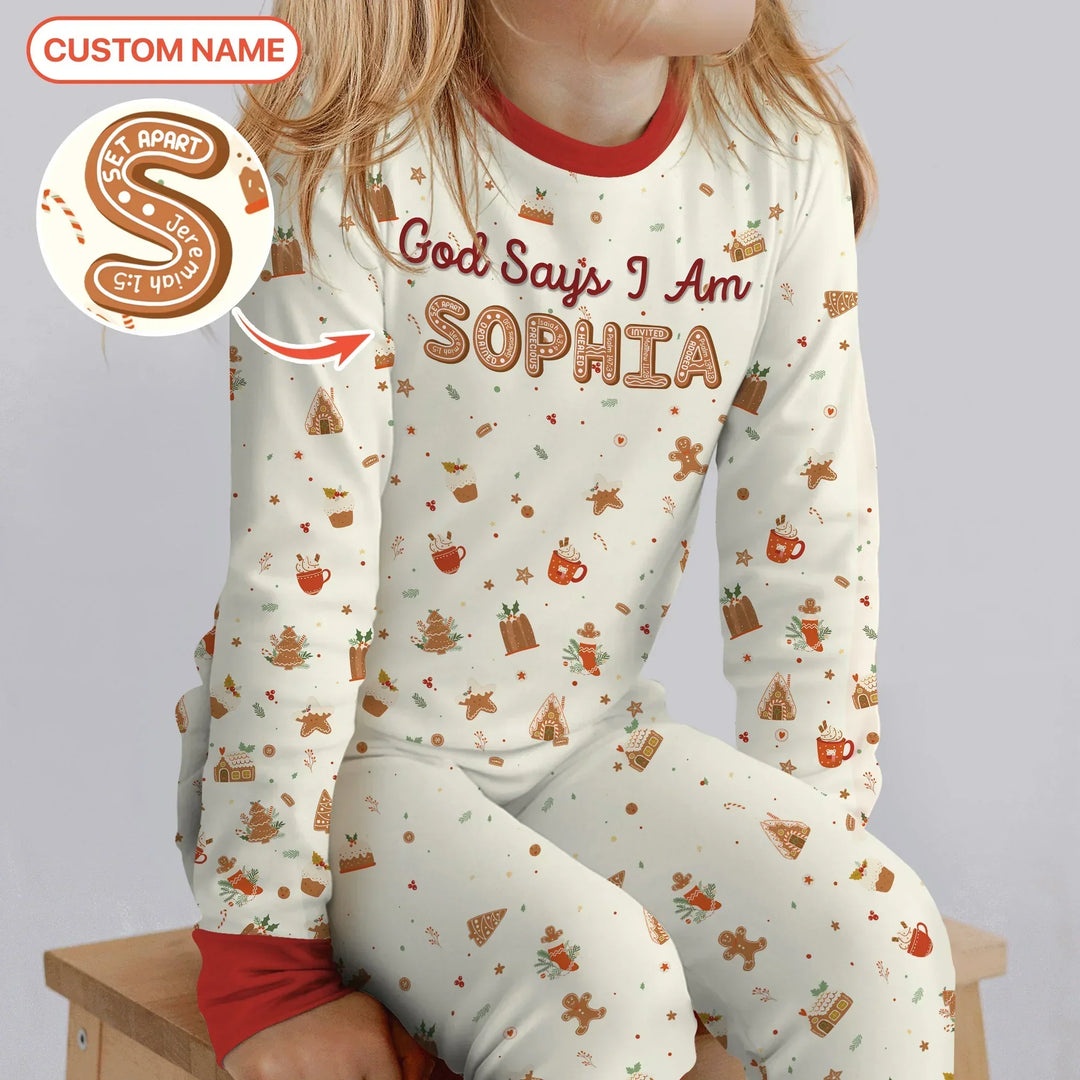 GingerBread God Says I Am Custom Name Two Piece Long Sleeve Pajama Set