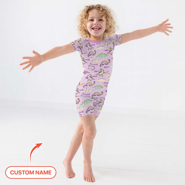 Custom Name Mardi Gras Saurus Two Piece Short Sleeve Shorts Pajama Set