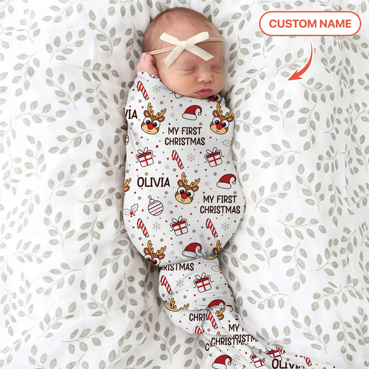 Custom Name Reindeer Doodle My First Christmas Swaddle Blanket