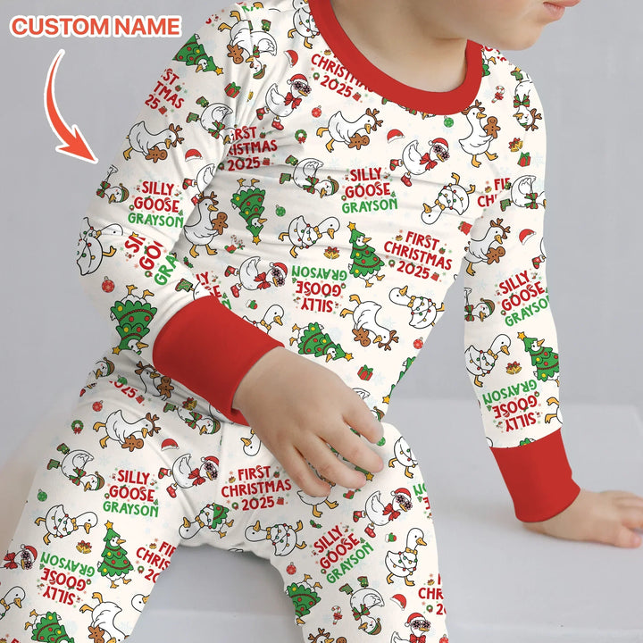 Custom Name "Silly Goose" Two Piece Long Sleeve Pajama Set (Red) , Custom Name "Silly Goose" Two Piece Long Sleeve Pajama Set (Red) - 12-18M