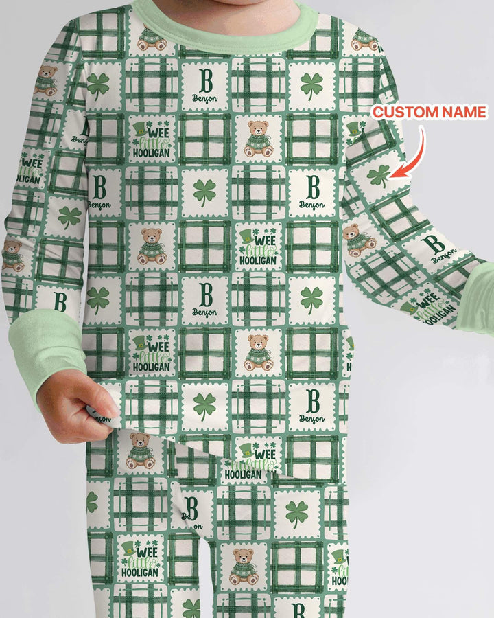 Custom Name Teddy Bear Gingham St. Patrick's Day Two Piece Long Sleeve Pajama Set