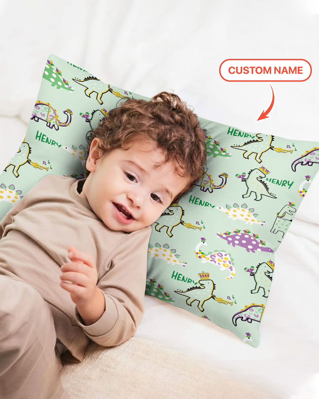 Custom Name Mardi Gras Saurus Pillow Case