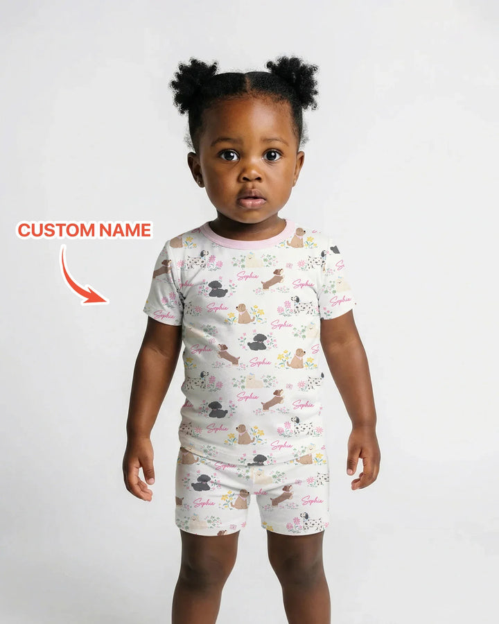 Custom Name Flower Dogs Two Piece Short Sleeve Shorts Pajama Set