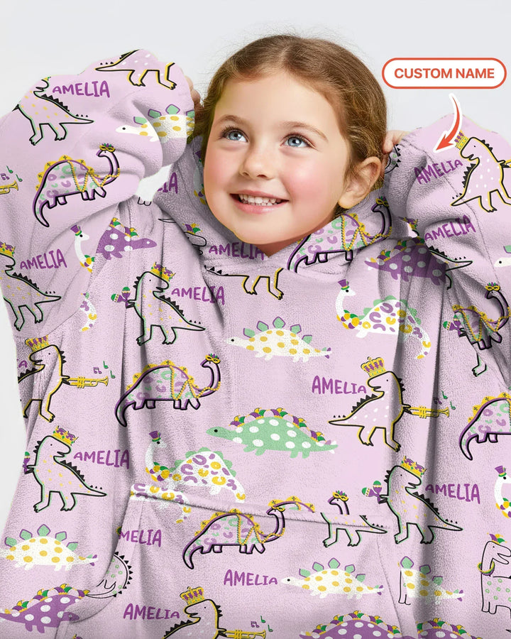Custom Name Mardi Gras Saurus Wearable Bamboo Blanket Hoodie