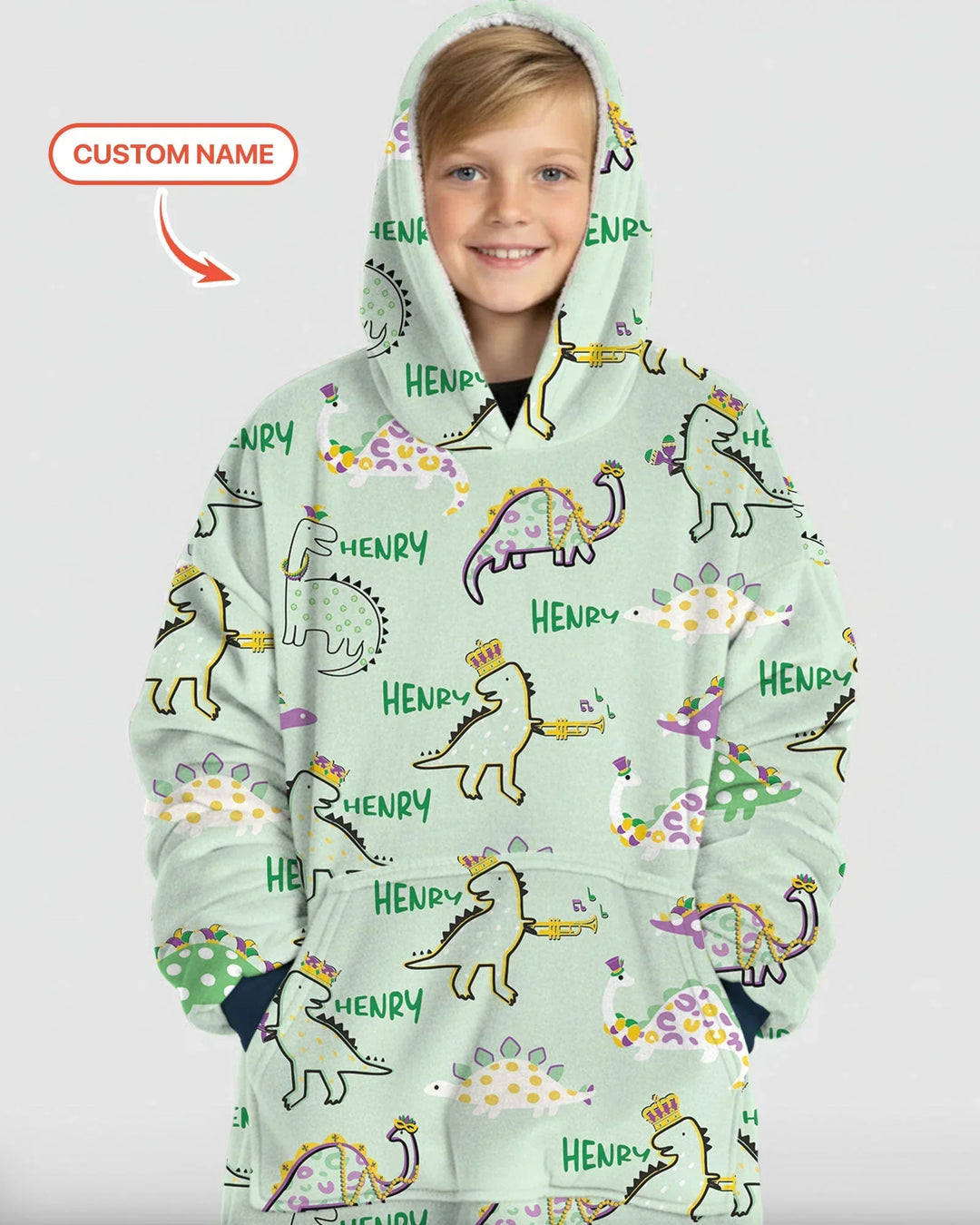 Custom Name Mardi Gras Saurus Wearable Bamboo Blanket Hoodie