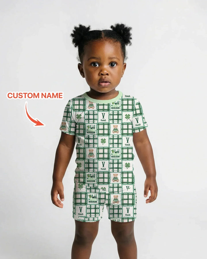 Custom Name Teddy Bear Gingham St. Patrick's Day Two Piece Short Sleeve Shorts Pajama Set