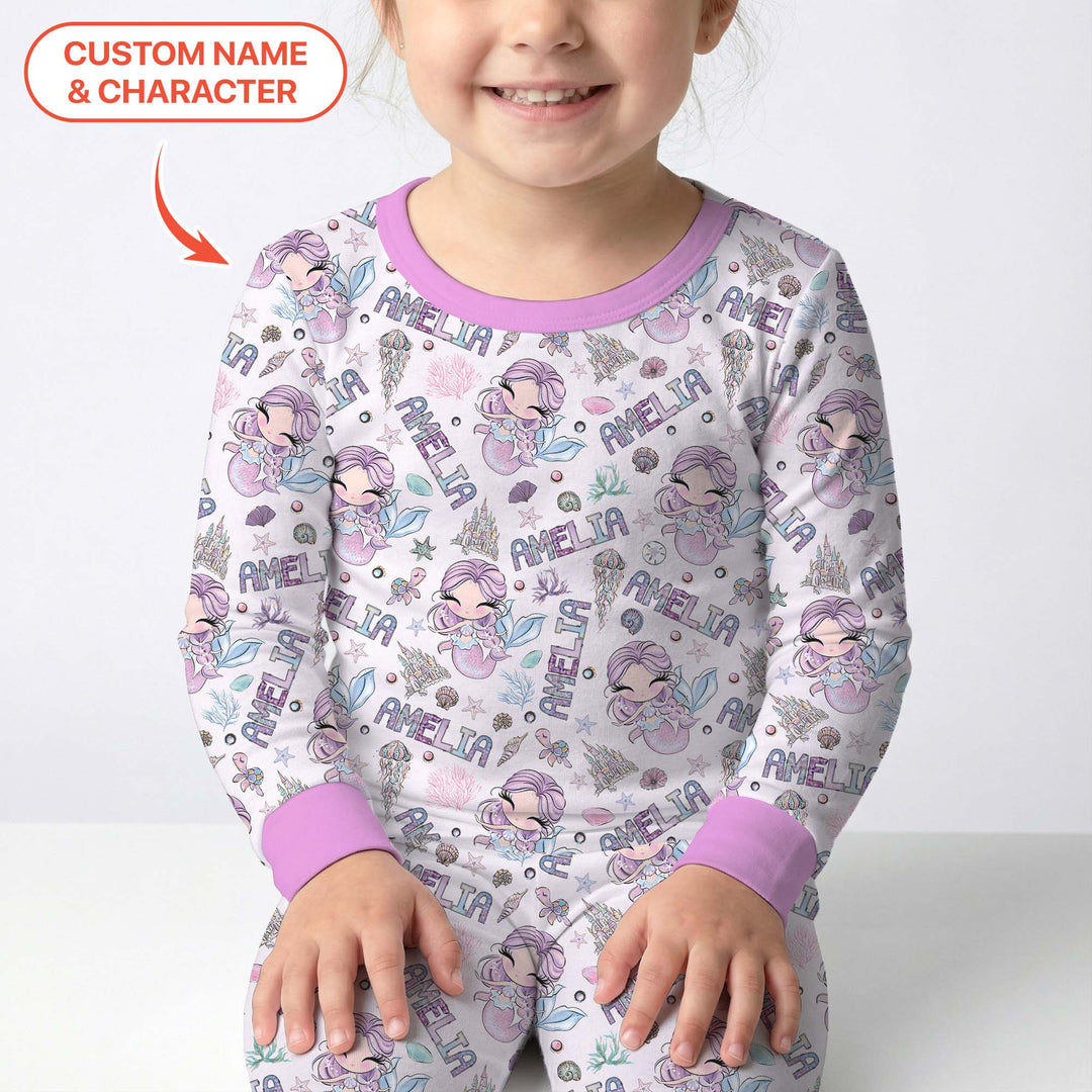Custom Name Doodle Little Mermaid Two Piece Long Sleeve Pajama Set