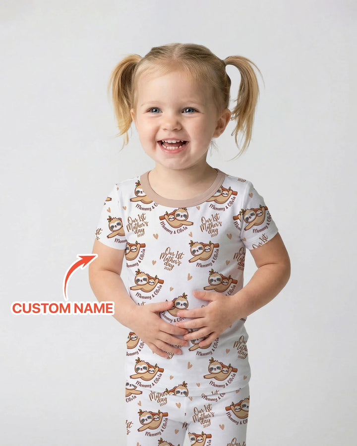 Custom Name Mama & Baby Sloth – Our First Mother’s Day 2026 Bamboo Two Piece Short Sleeve Pajama Set