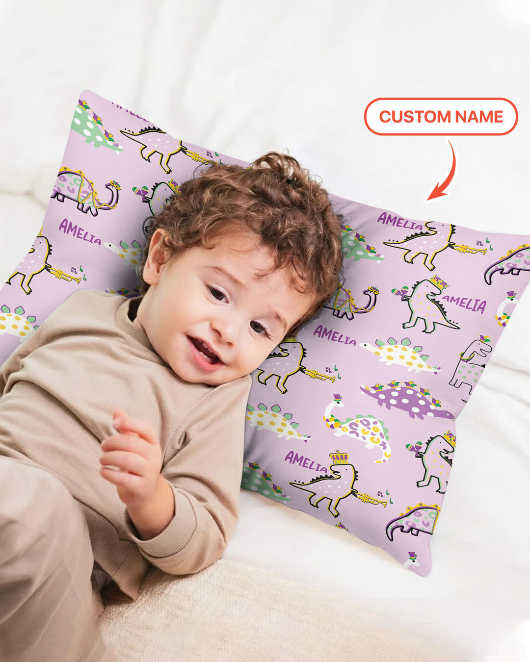 Custom Name Mardi Gras Saurus Pillow Case