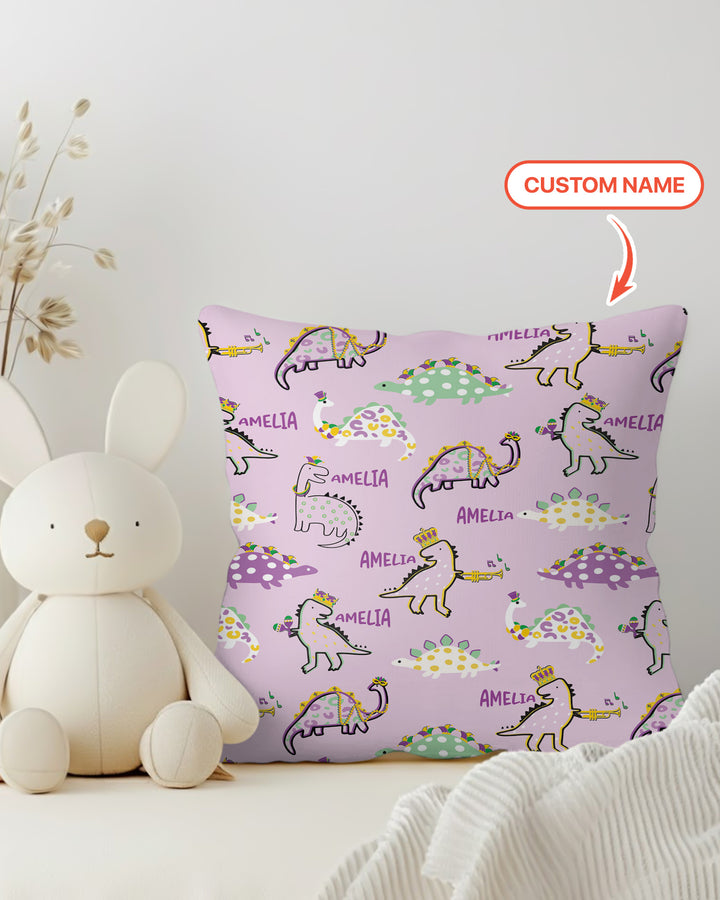 Custom Name Mardi Gras Saurus Pillow Case