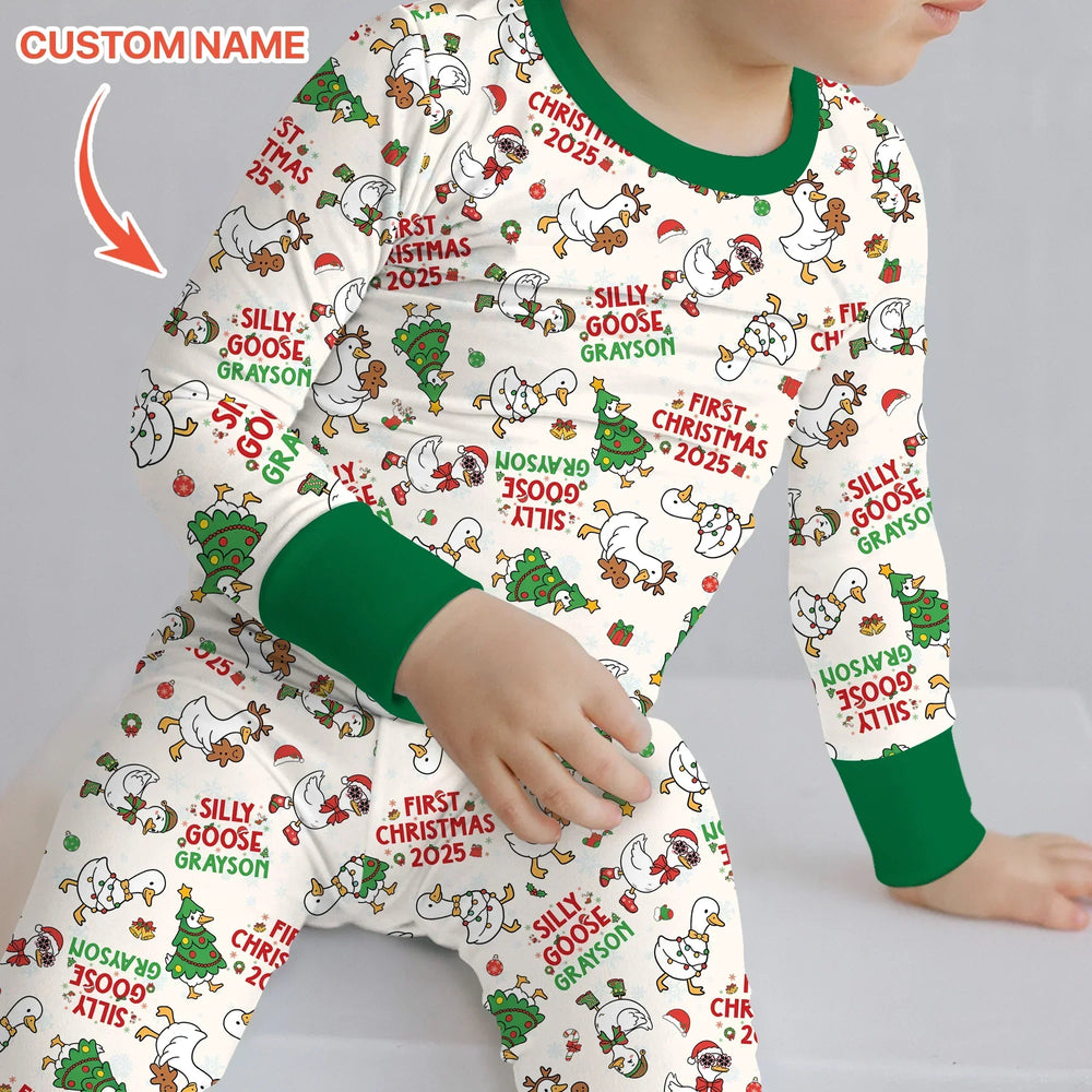 Custom Name "Silly Goose" Two Piece Long Sleeve Pajama Set (Green) , Custom Name "Silly Goose" Two Piece Long Sleeve Pajama Set (Green) - 12-18M
