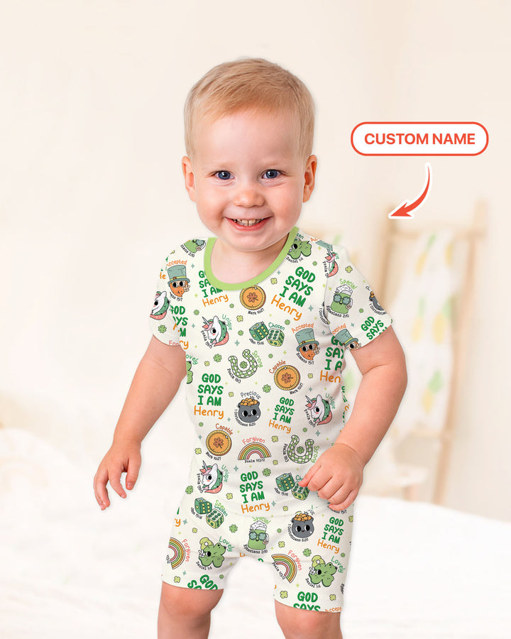 Personalized God Says I Am St. Patrick's Day Family Matching Two Piece Short Sleeve Shorts Pajama Set
