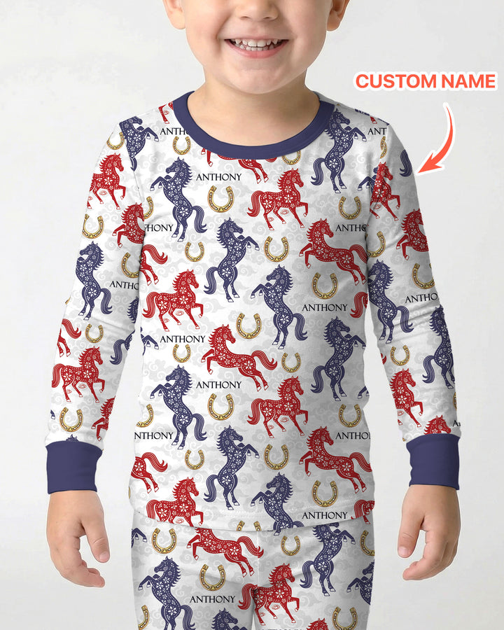 Custom Name Chinoiserie Horses Two Piece Long Sleeve Pajama Set