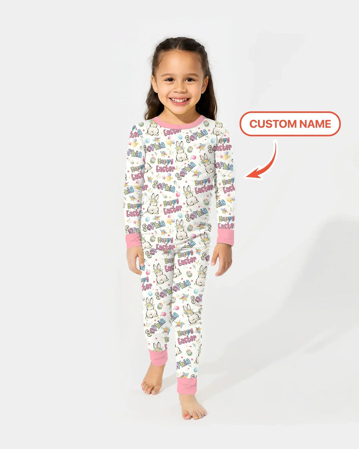 Personalized Happy Easter Bunny Two Piece Long Sleeve Pajama Set