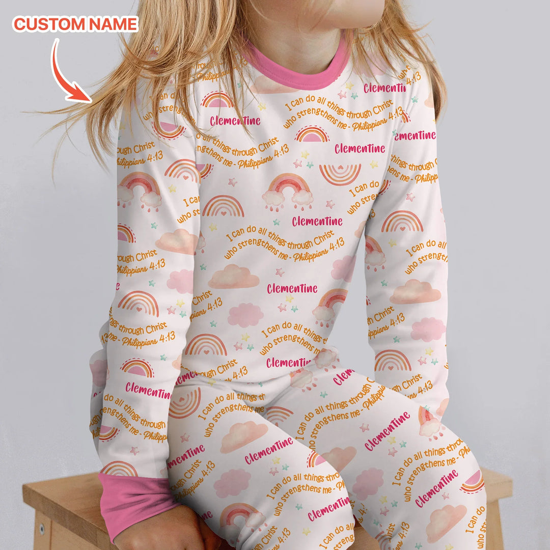 I Can Do All Things Through Christ Custom Name Two Piece Long Sleeve Pajama Set , I Can Do All Things Through Christ Custom Name Two Piece Long Sleeve Pajama Set - 12-18M