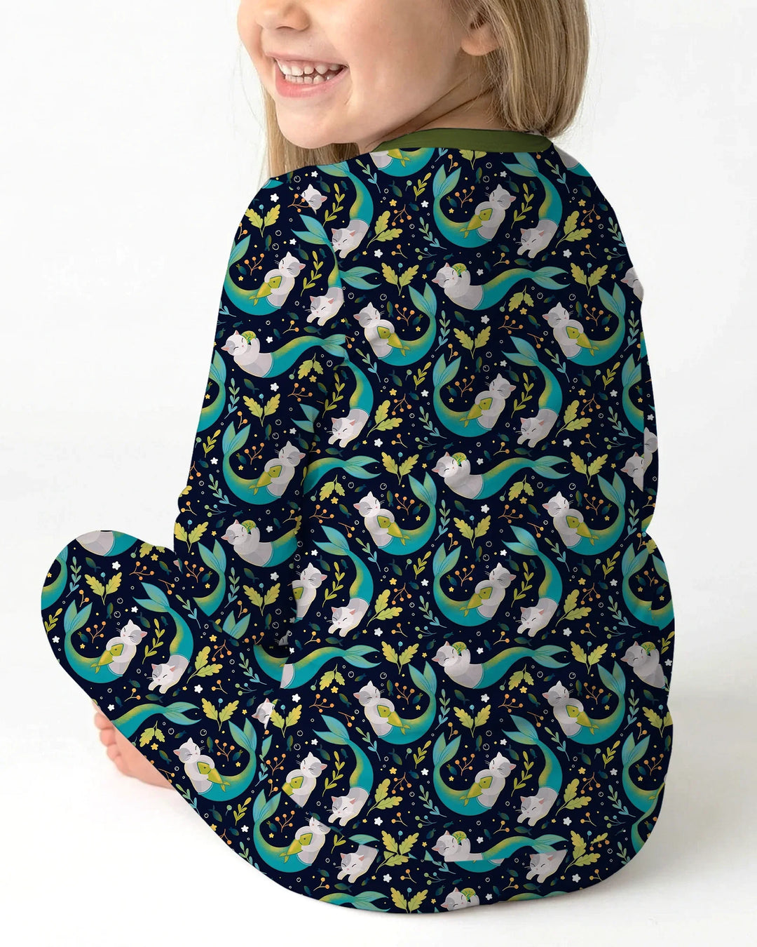 Pijama de dos piezas de bambú de manga larga Midnight Mermaid Cats