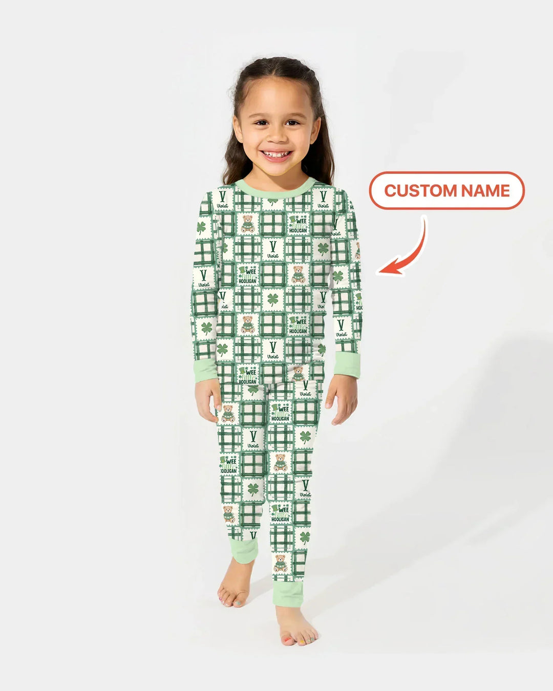 Custom Name Teddy Bear Gingham St. Patrick's Day Two Piece Long Sleeve Pajama Set