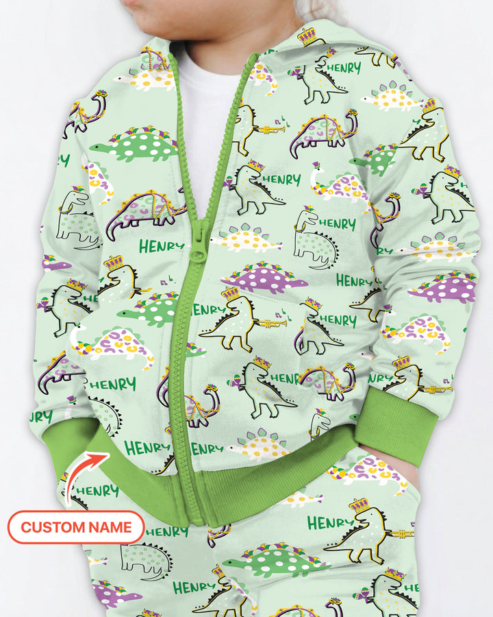 Custom Name Mardi Gras Saurus Zip Hoodie