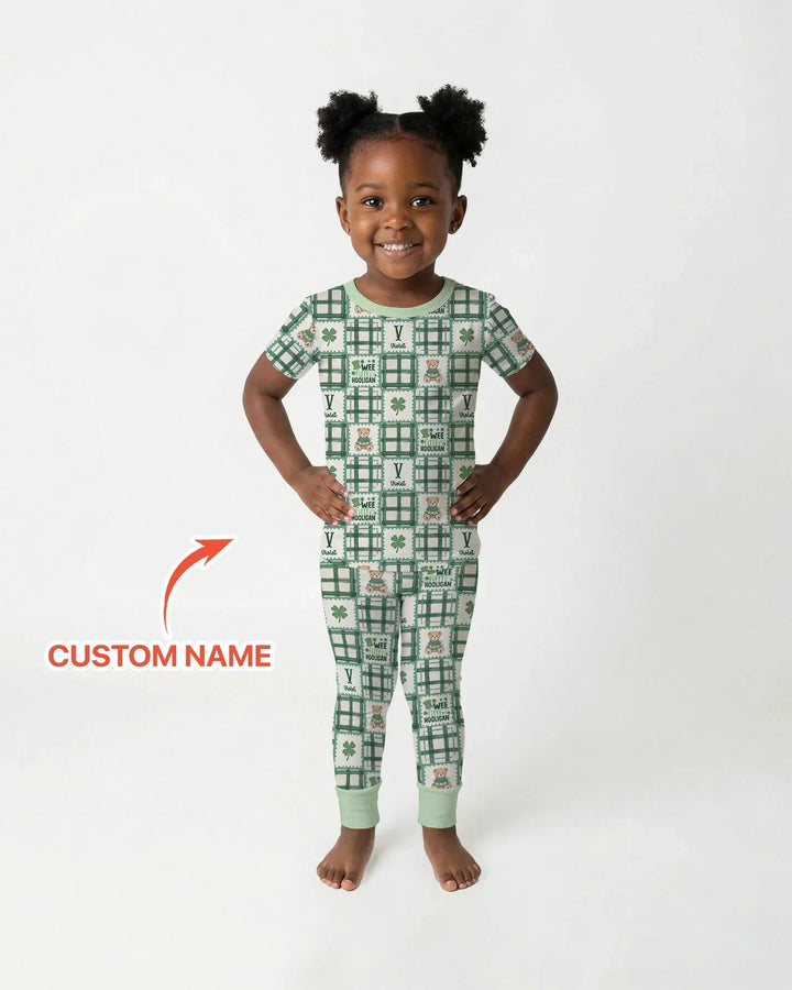 Custom Name Teddy Bear Gingham St. Patrick's Day Two Piece Short Sleeve Pajama Set