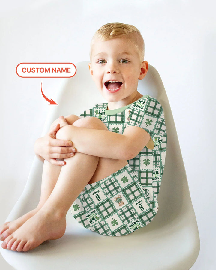 Custom Name Teddy Bear Gingham St. Patrick's Day Two Piece Short Sleeve Shorts Pajama Set