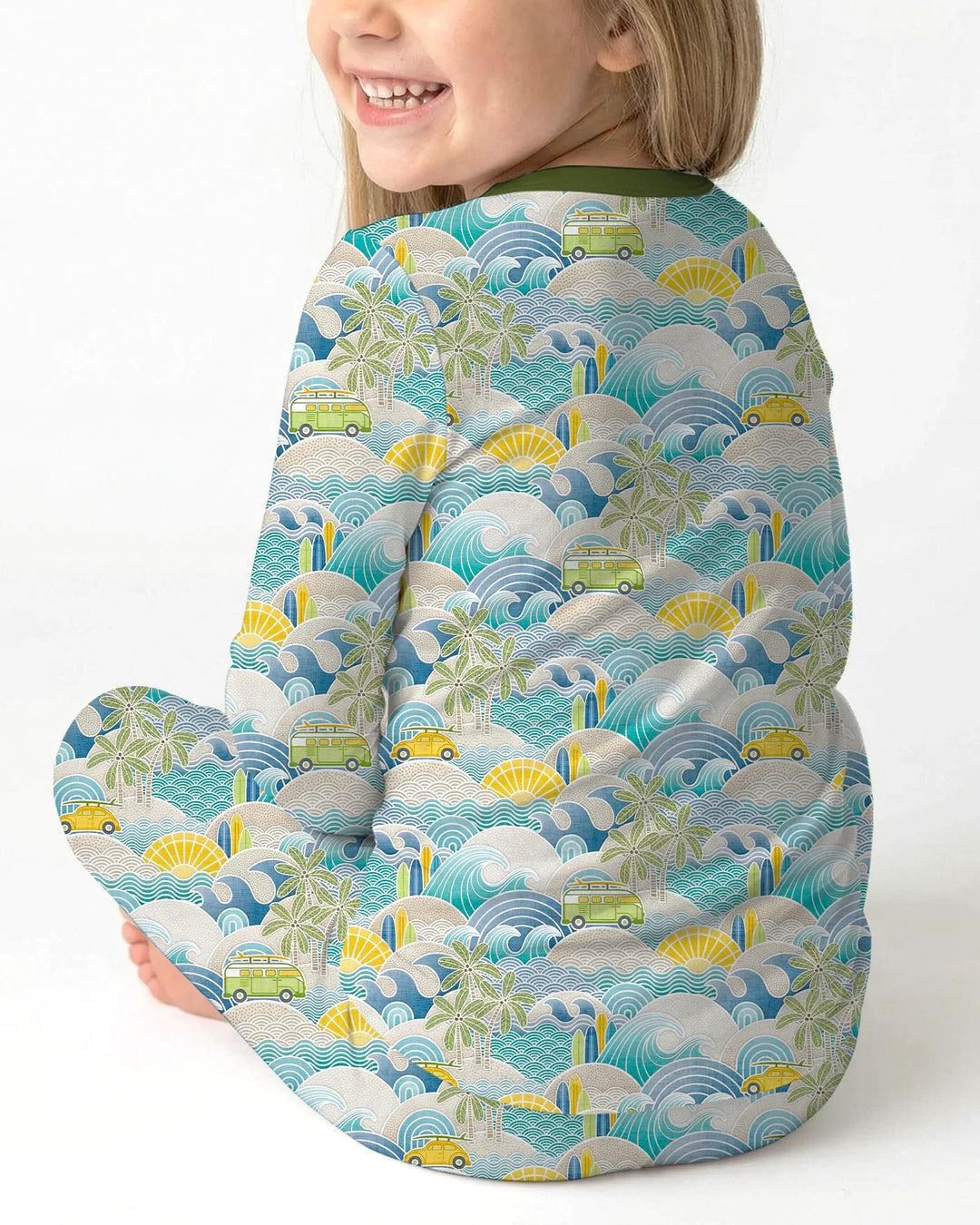 Conjunto de pijama de dos piezas de manga larga de bambú con olas y olas para viaje por la costa