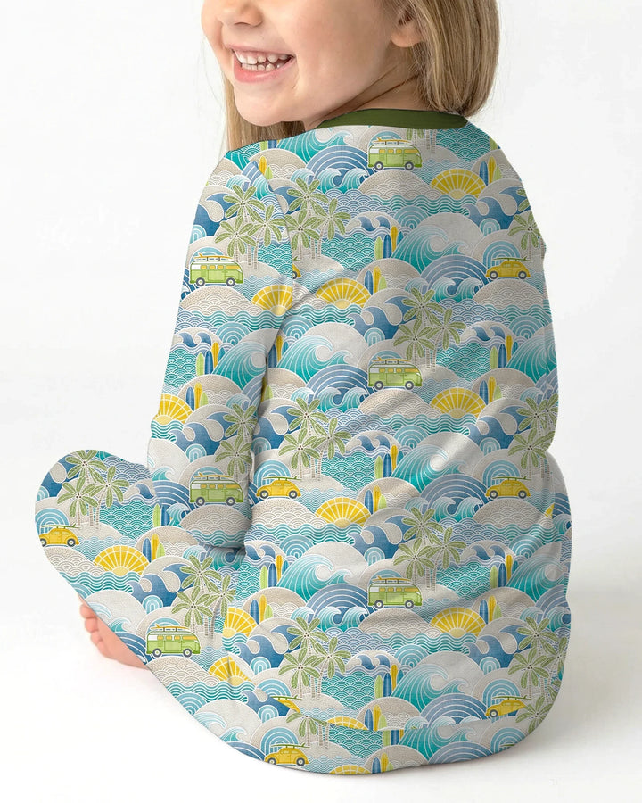 Conjunto de pijama de dos piezas de manga larga de bambú con olas y olas para viaje por la costa