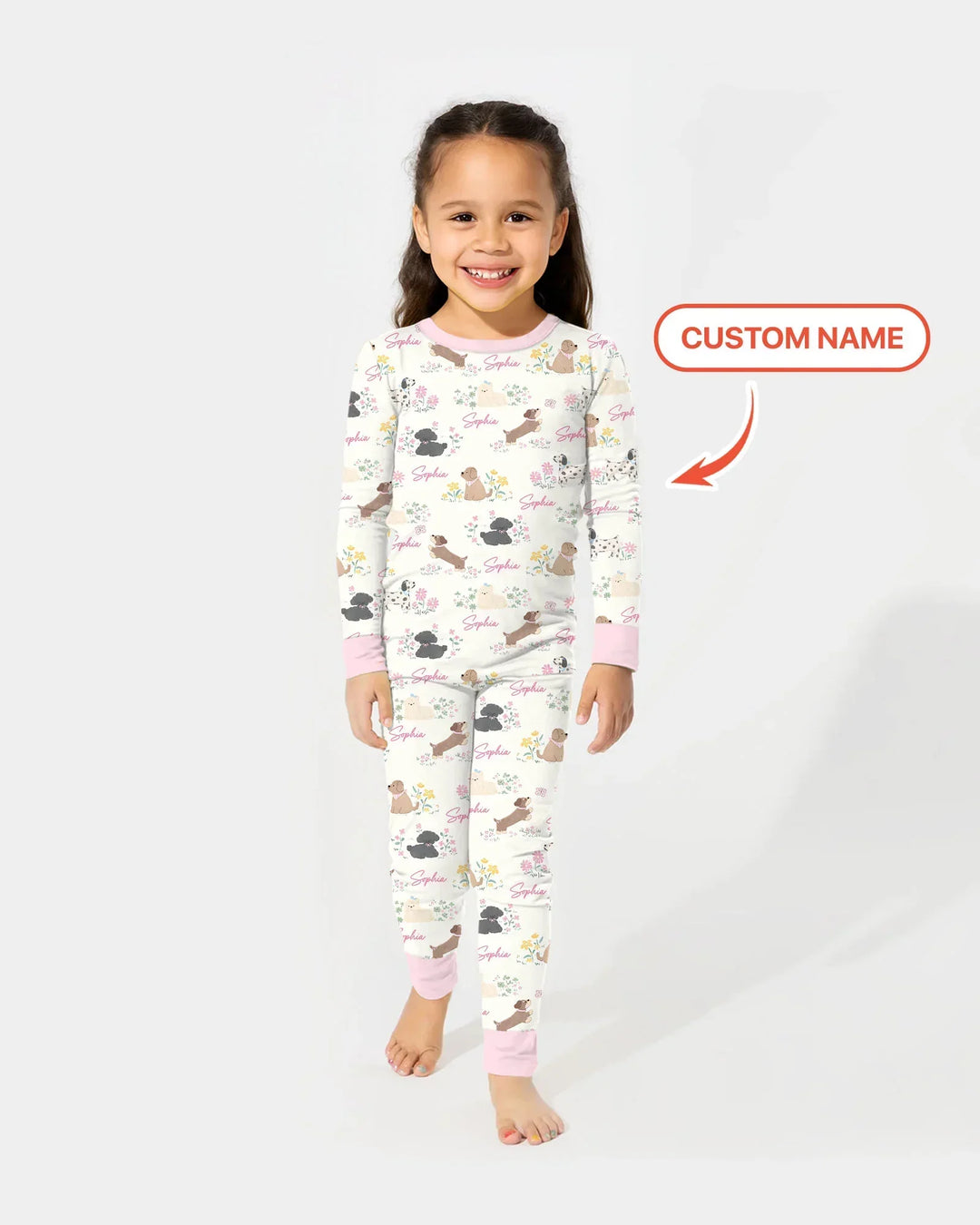 Custom Name Flower Dogs Two Piece Long Sleeve Pajama Set