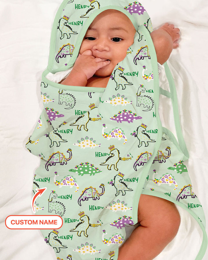 Custom Name Mardi Gras Saurus Hooded Towel Set
