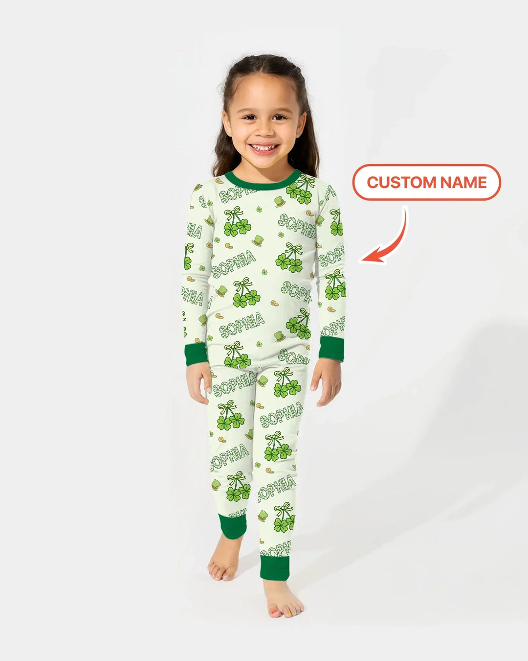 Custom Name Lucky Little Shamrock Two Piece Long Sleeve Pajama Set