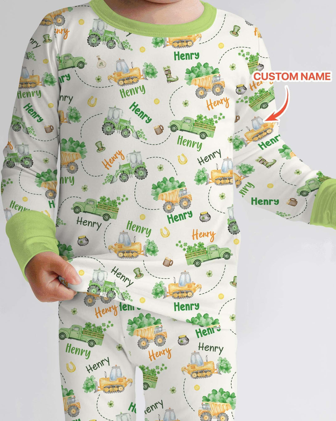 Construction St. Patrick's Day Custom Name Two Piece Long Sleeve Pajama Set