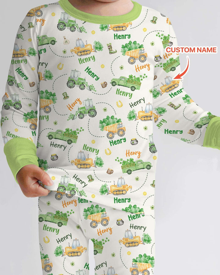 Construction St. Patrick's Day Custom Name Two Piece Long Sleeve Pajama Set