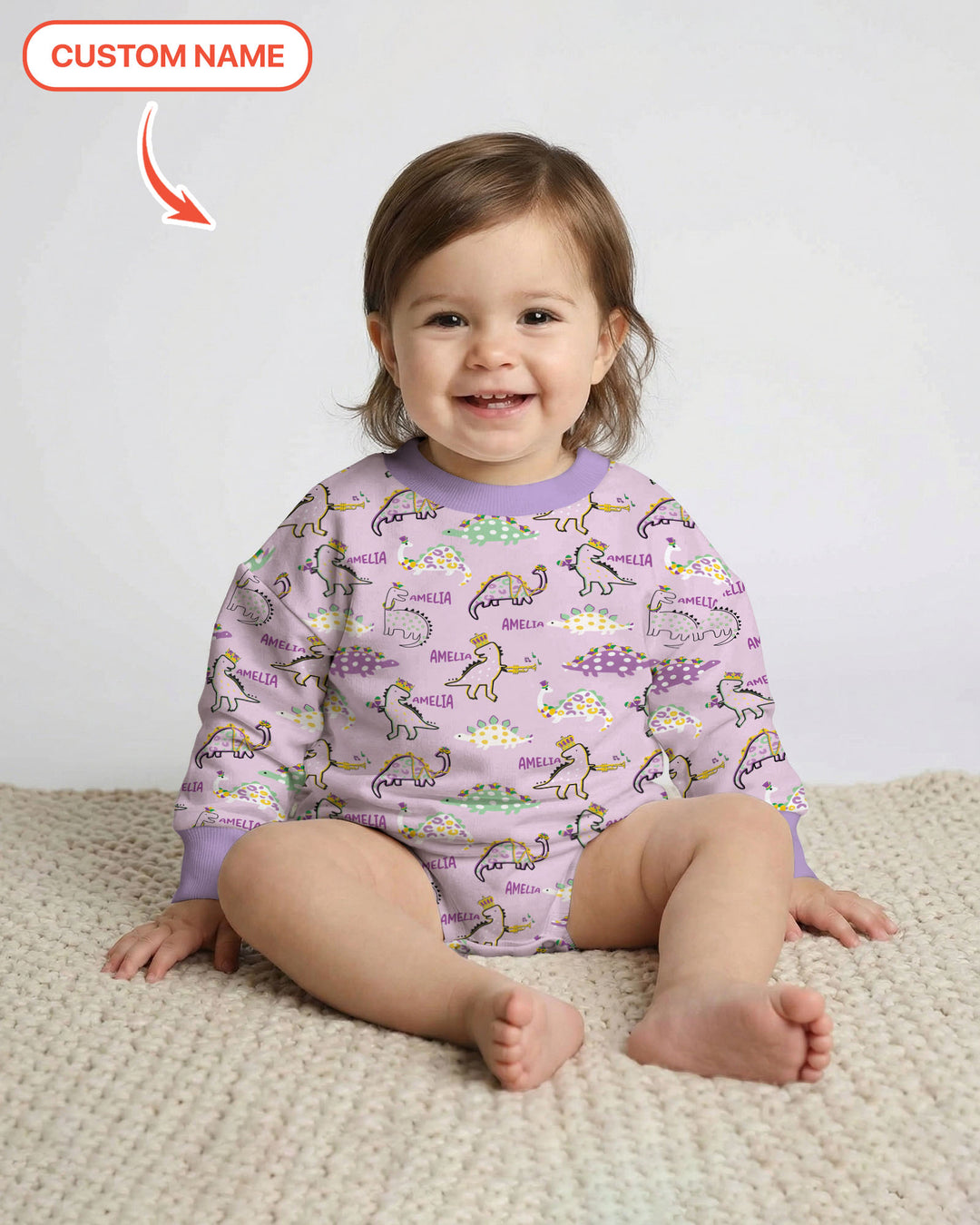 Custom Name Mardi Gras Saurus Bubble Romper
