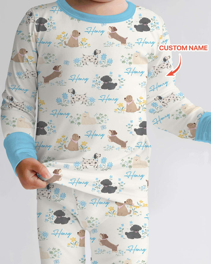 Custom Name Flower Dogs Two Piece Long Sleeve Pajama Set