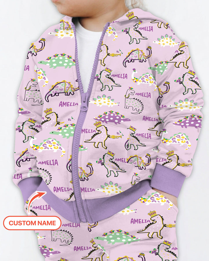 Custom Name Mardi Gras Saurus Zip Hoodie