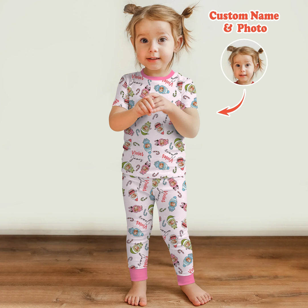 Custom Baby Photo Christmas BearTwo Piece Short Sleeve Pajama Set