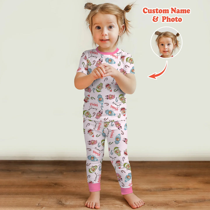 Custom Baby Photo Christmas BearTwo Piece Short Sleeve Pajama Set