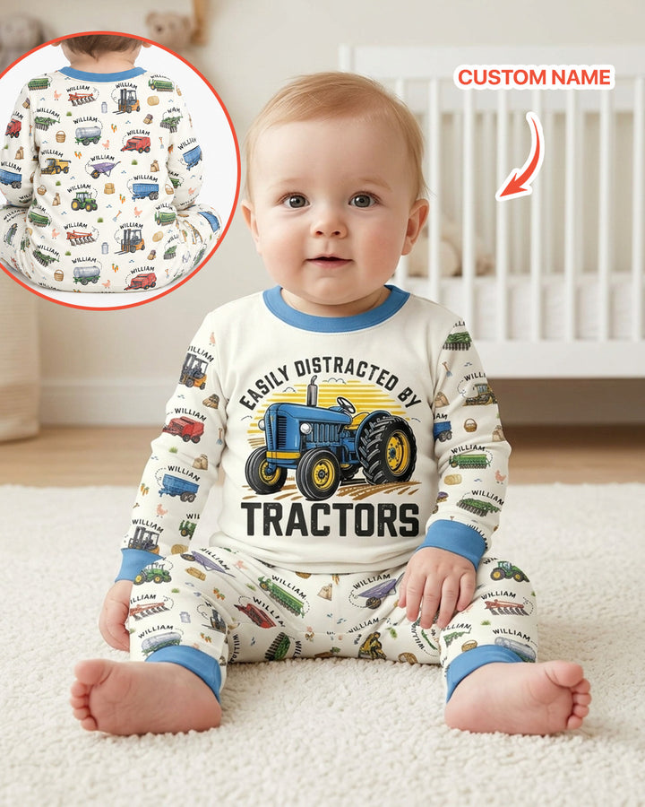 Easily Distracted By Tractors Custom Name Bamboo Two Piece Long Sleeve Pajama Set
