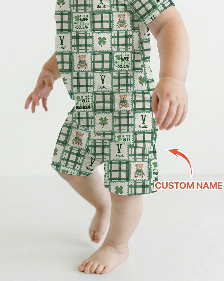Custom Name Teddy Bear Gingham St. Patrick's Day Two Piece Short Sleeve Shorts Pajama Set
