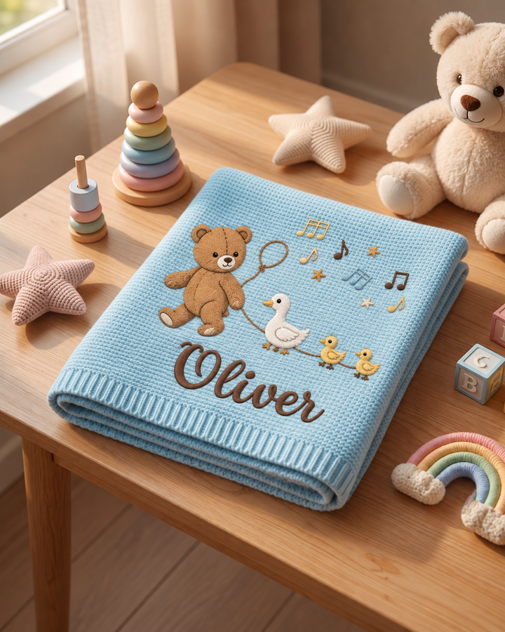 Cutie Teddy Embroidered Baby Cotton Blanket