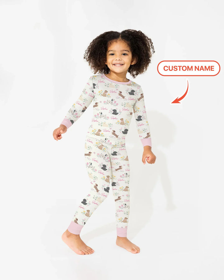 Custom Name Flower Dogs Two Piece Long Sleeve Pajama Set