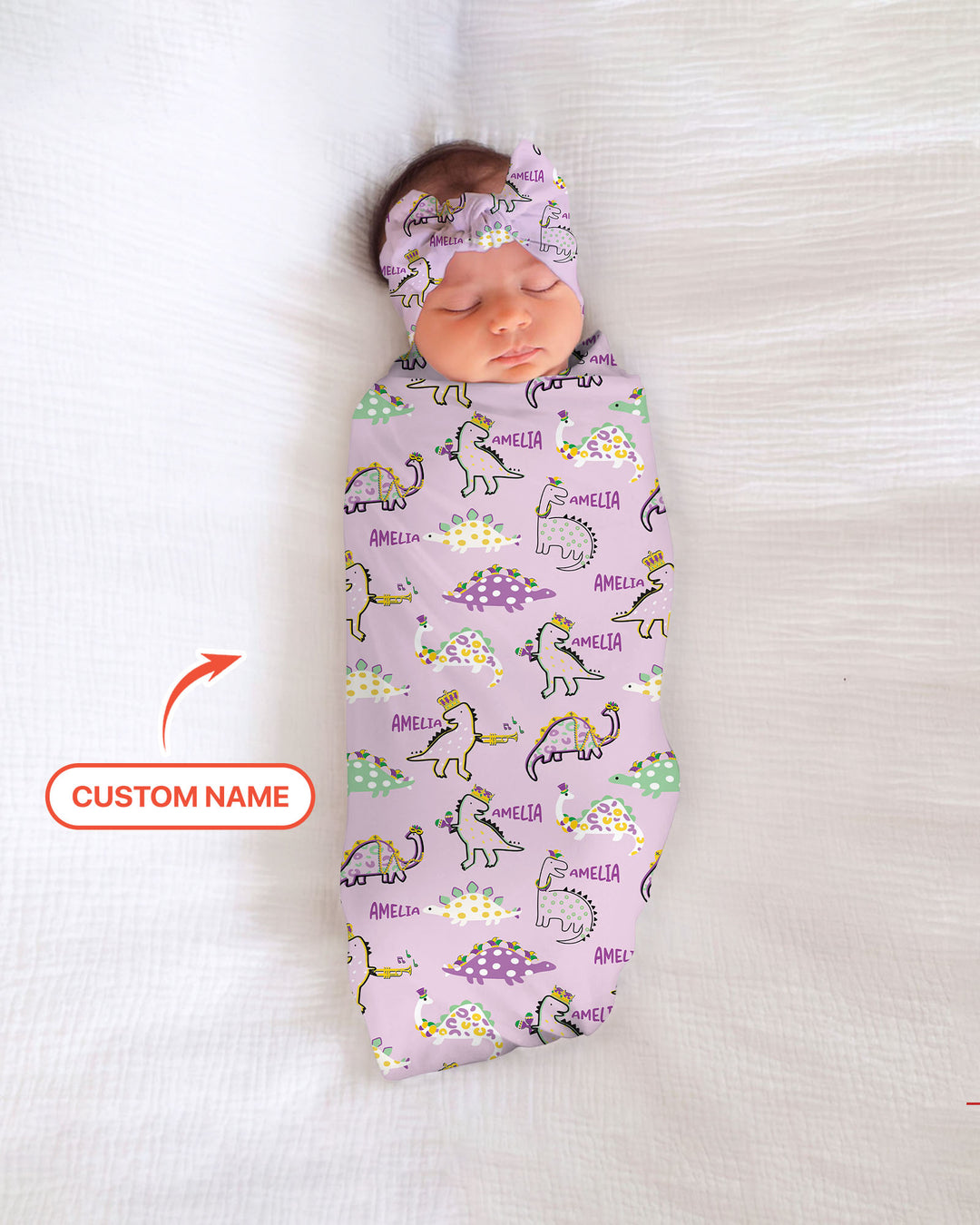 Custom Name Mardi Gras Saurus Swaddle Blanket