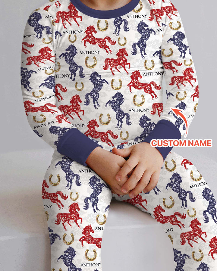 Custom Name Chinoiserie Horses Two Piece Long Sleeve Pajama Set