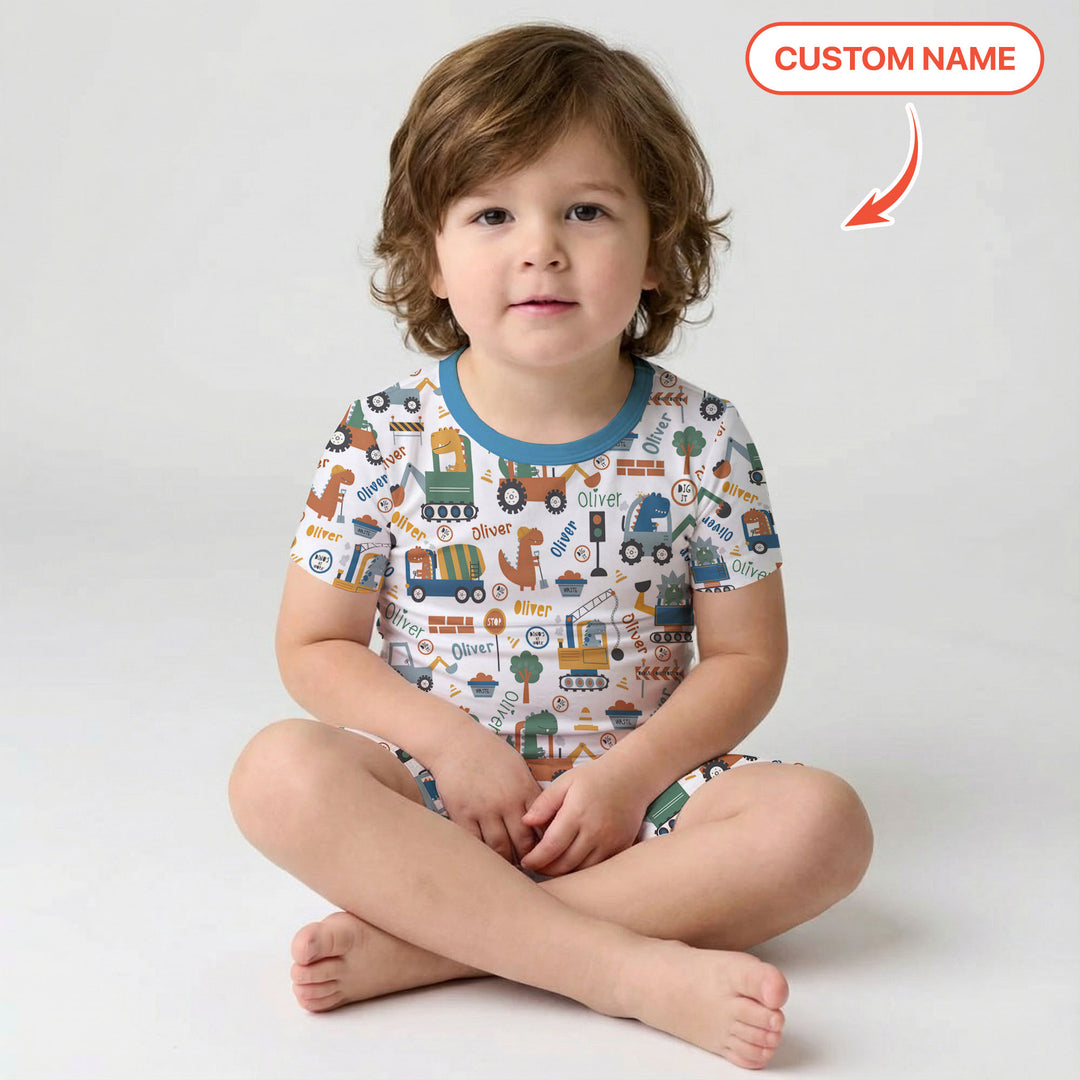 Custom Name Dino Diggers Two Piece Short Sleeve Shorts Pajama Set